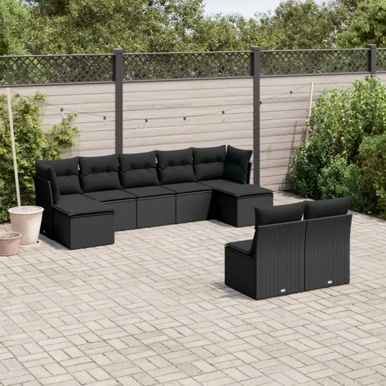 Havesofasæt 9 dele – sort polyrattan med hynder