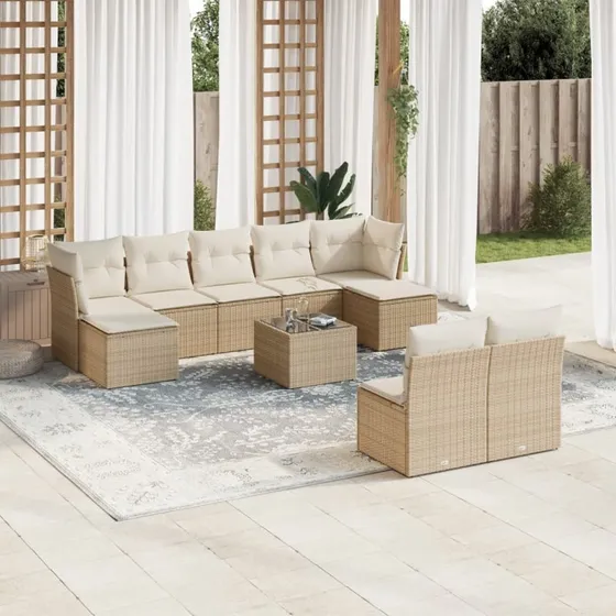 Havesæt 10 dele i polyrattan med hynder - beige