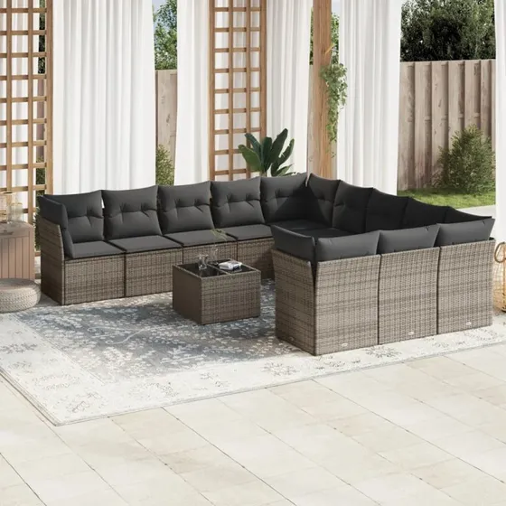 Havesofasæt 12 dele i polyrattan med hynder, grå