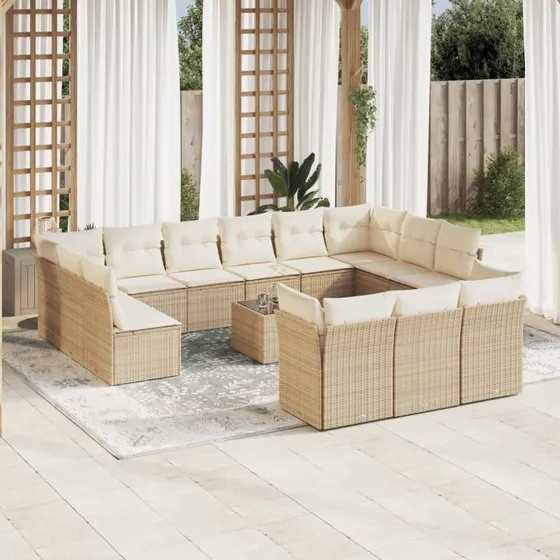 Havesofasæt 14 dele polyrattan med hynder – beige