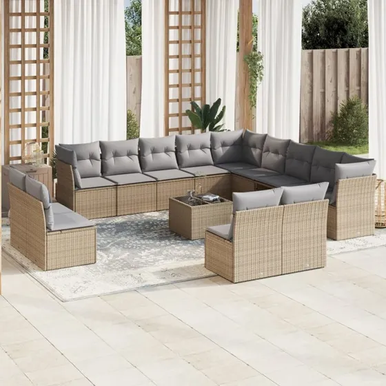 Polyrattan havesæt 14 dele med hynder – beige