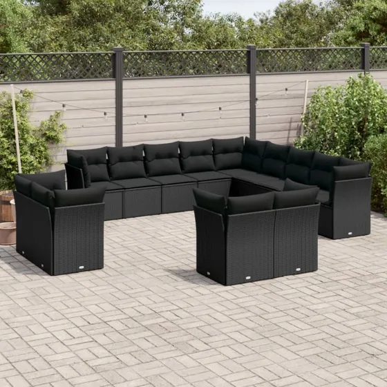 Havesofasæt 13 dele i polyrattan med hynder, sort