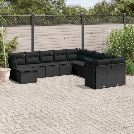 11-del polyrattan sofasæt til haven med hynder, sort