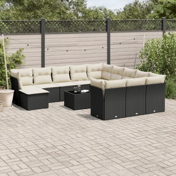 Havesofasæt 13 dele i polyrattan med hynder, sort