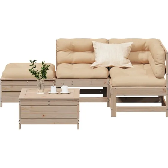 Loungesæt i massivt fyrretræ 5 dele med hynder