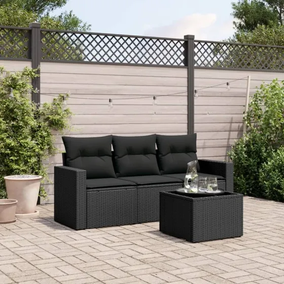 Sort 4-delers havesofasæt i polyrattan med hynder