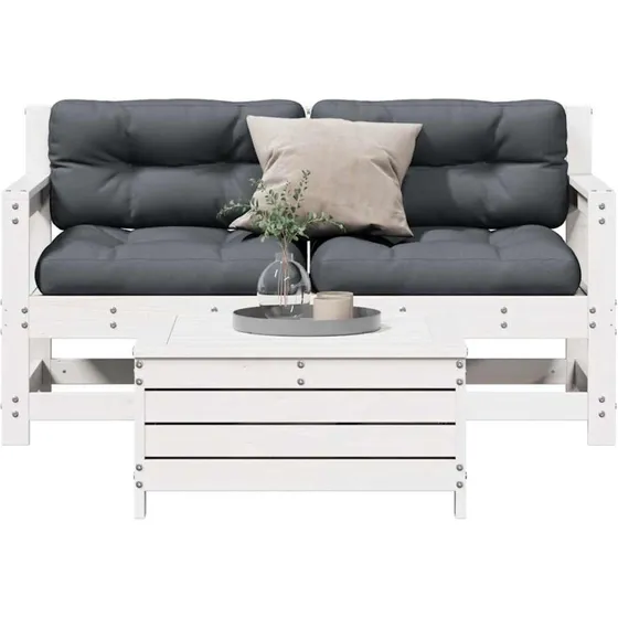 Hvid 3-dele loungesæt i massivt fyrretræ med hynder