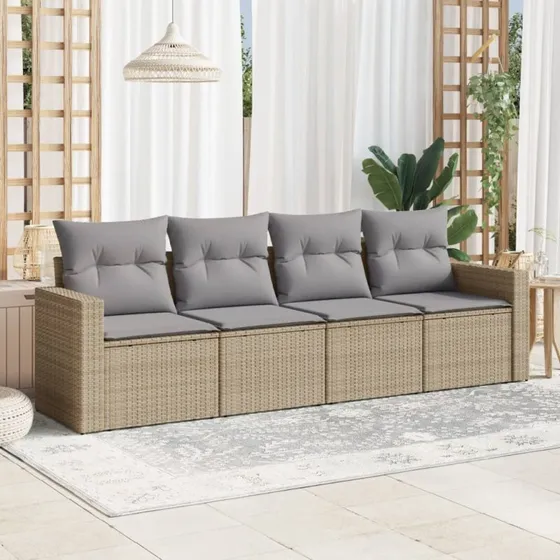 Sofasæt 4 dele i polyrattan med hynder - beige