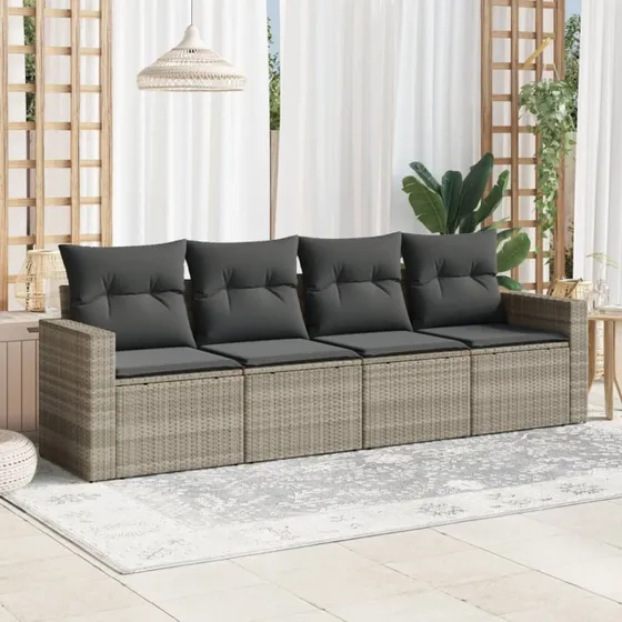 Havesofasæt 4 dele i polyrattan lysegrå med hynder