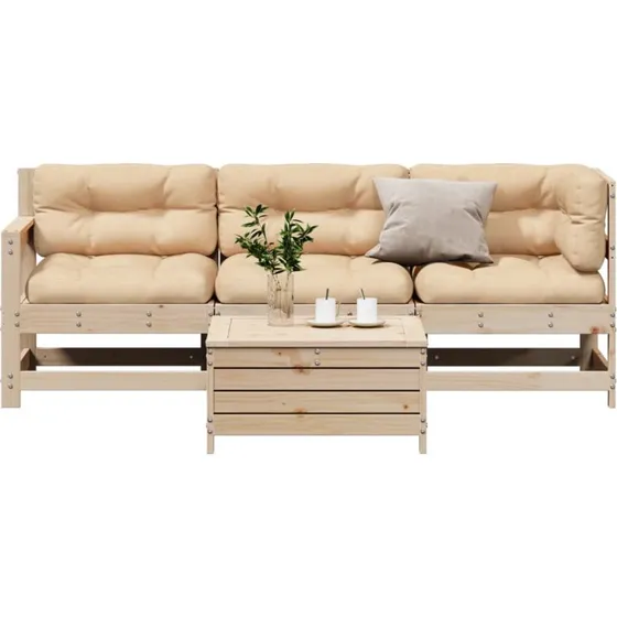 Loungesæt til haven 4 dele i massivt fyrretræ med hynder