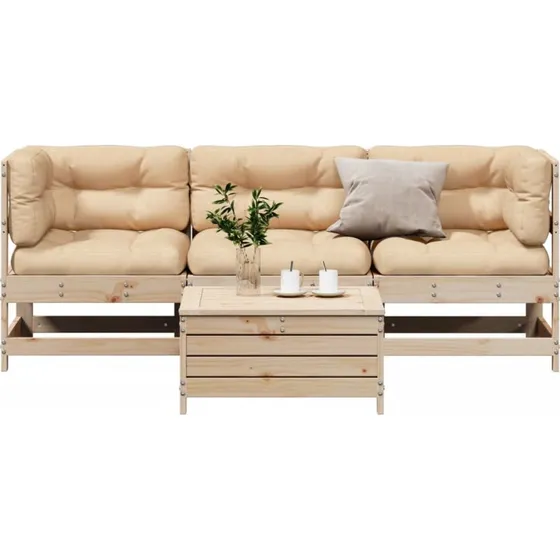 Loungesæt til haven 4 dele i massivt fyrretræ med hynder