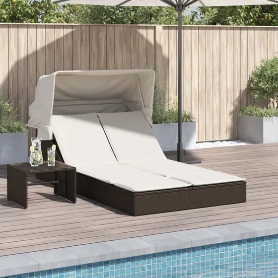 Solseng med baldakin og hynder i brun polyrattan