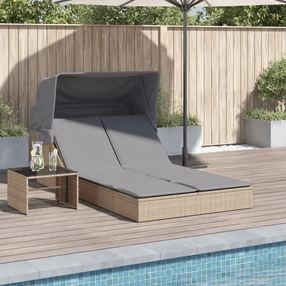 Solseng med baldakin & hynder i polyrattan, beige