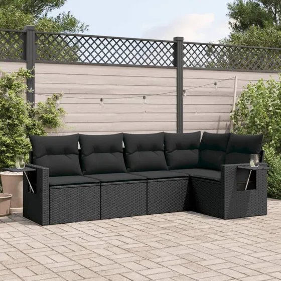 5-dele havesofasæt i sort polyrattan inkl. hynder