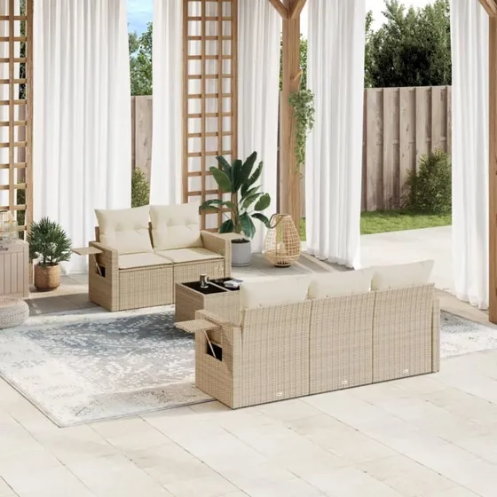 Havesofasæt i polyrattan 6 dele med hynder – beige