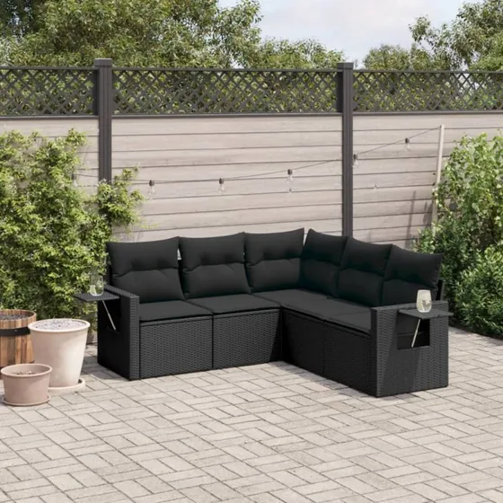 5-dele havesofasæt i sort polyrattan med hynder