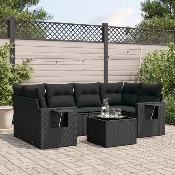 7-dele havestel i sort polyrattan med hynder