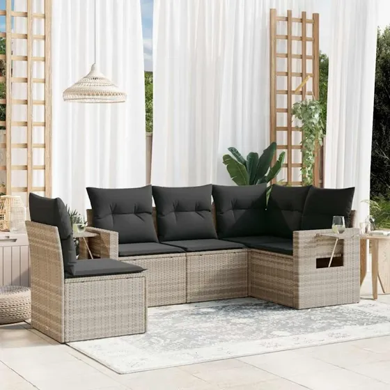 Sofasæt 5 dele i polyrattan med hynder, lysegrå