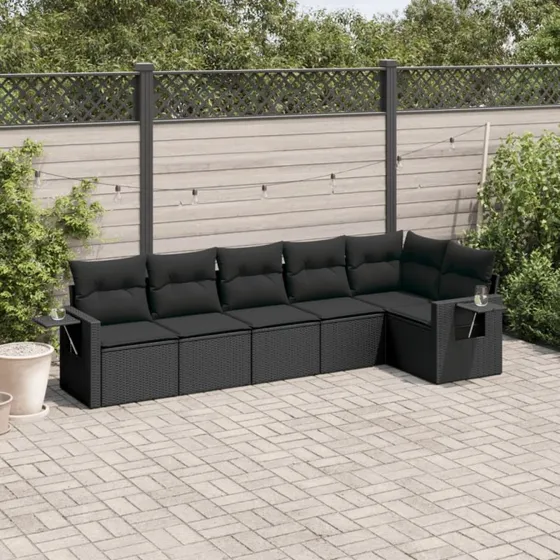 Havesofa sæt 6 dele i sort polyrattan med hynder