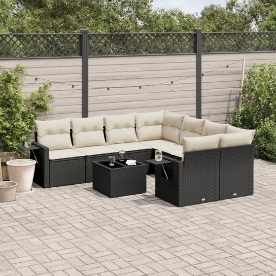 Polyrattan sofasæt til haven 9 dele med hynder - sort