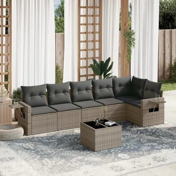 Havesofa sæt 7 dele i polyrattan med hynder - grå
