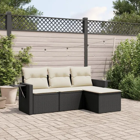 4-delers havemøbel sofasæt i sort polyrattan med hynder