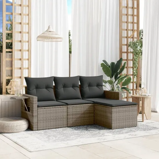 Havesofasæt 4 dele i polyrattan med hynder - grå