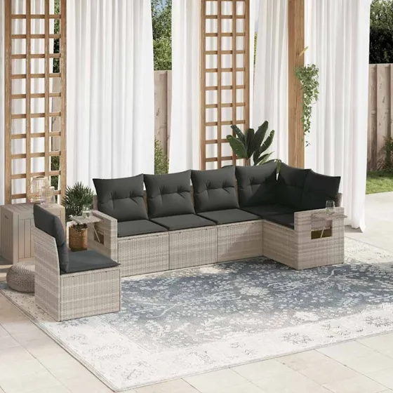 Havesofasæt 6 dele i lysegrå polyrattan med hynder