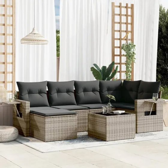 Havesofasæt 7 dele i polyrattan med hynder – grå