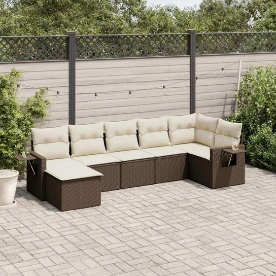 Havesofasæt 7 dele i brun polyrattan med hynder