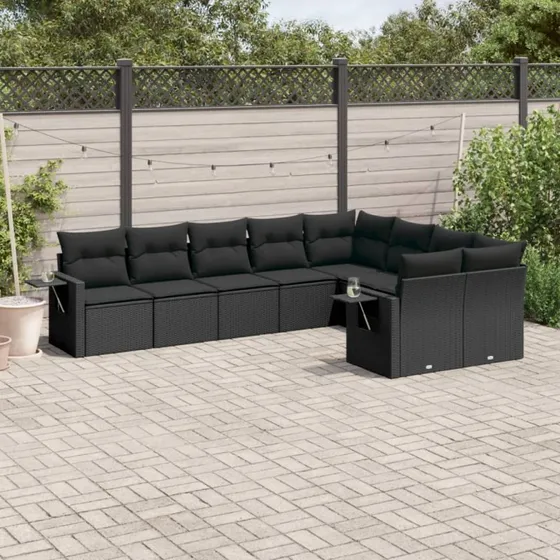 Havesofasæt 9 dele i sort polyrattan med hynder