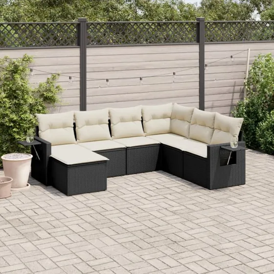 Sofasæt 7 dele til haven i sort polyrattan med hynder