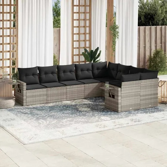 Havesofasæt 9 dele i polyrattan lysegrå med hynder