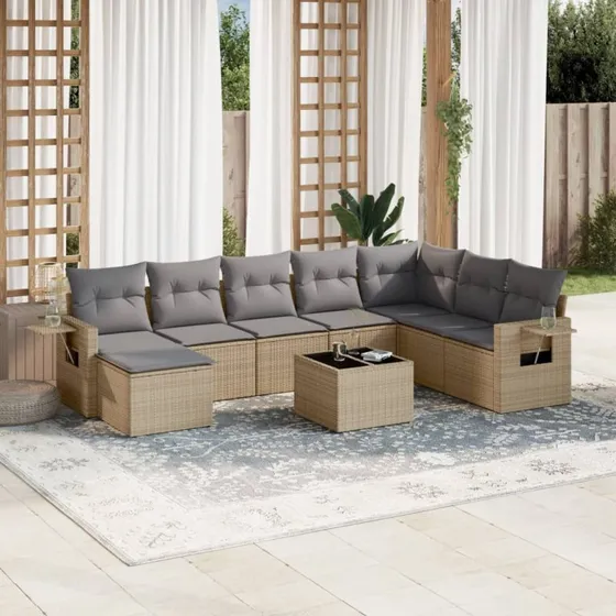 Havesofasæt 9 dele i beige polyrattan inkl. hynder