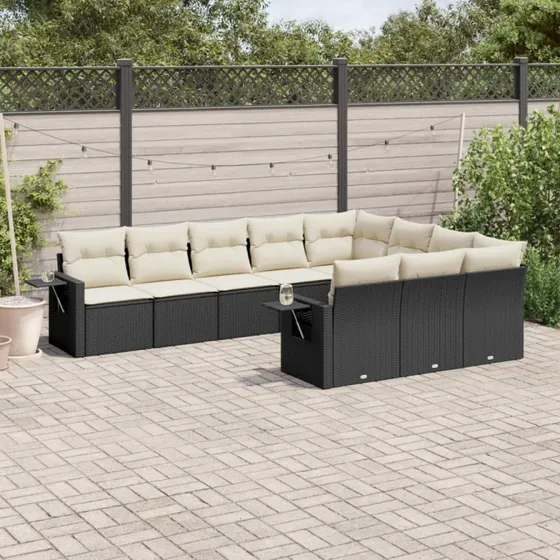 Sofasæt til have 10 dele i sort polyrattan med hynder