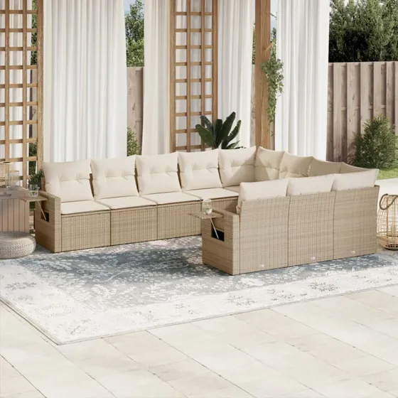 Havesofasæt 10 dele i polyrattan med hynder – Beige