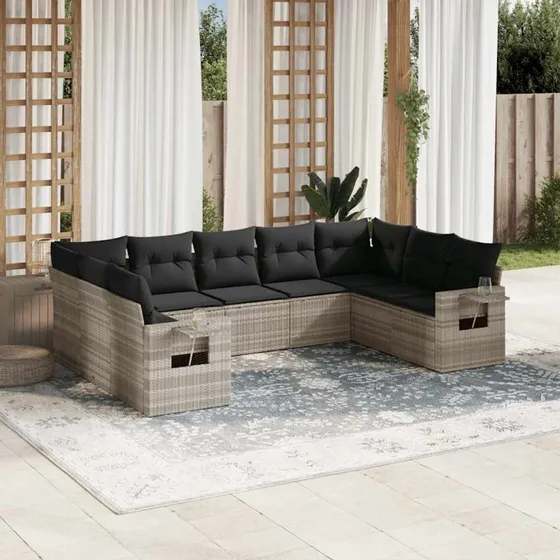 Havesofasæt 9 dele polyrattan lysegrå med hynder