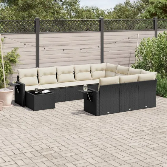 Polyrattan sofasæt til haven 11 dele med hynder - sort