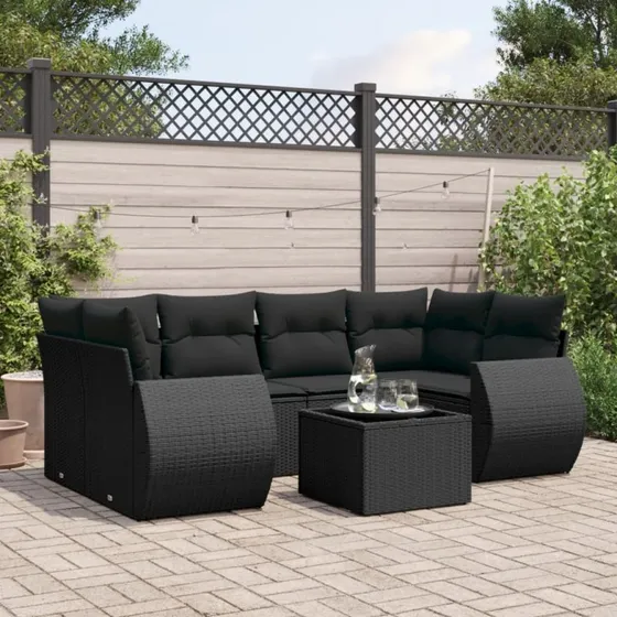Havesofasæt 7 dele i sort polyrattan inkl. hynder