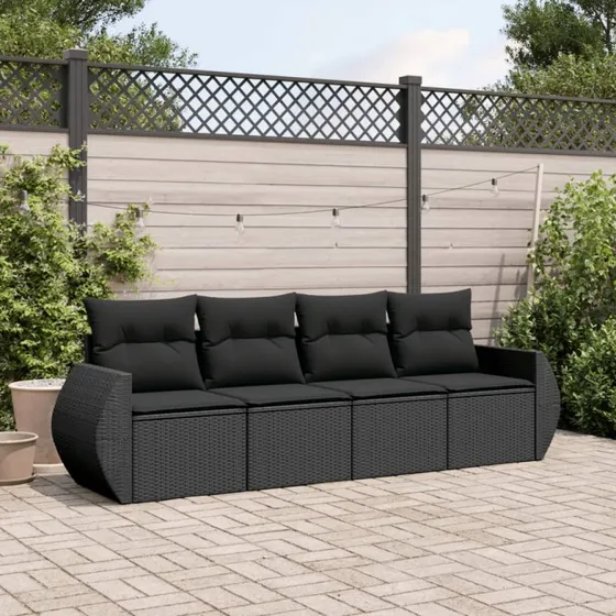 Havemøbelsæt 4 dele i polyrattan med hynder, sort