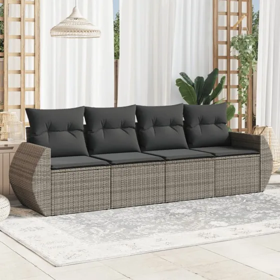 Havesofasæt 4 dele i polyrattan med hynder – grå