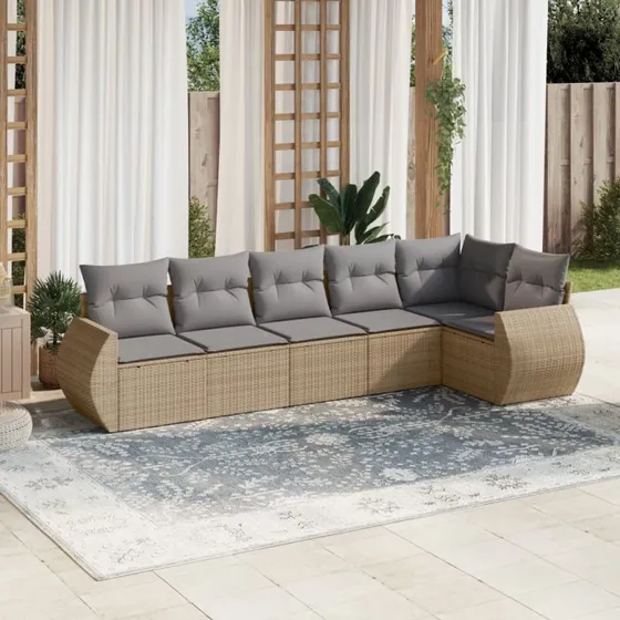 Havesofasæt 6 dele i beige polyrattan inkl. hynder