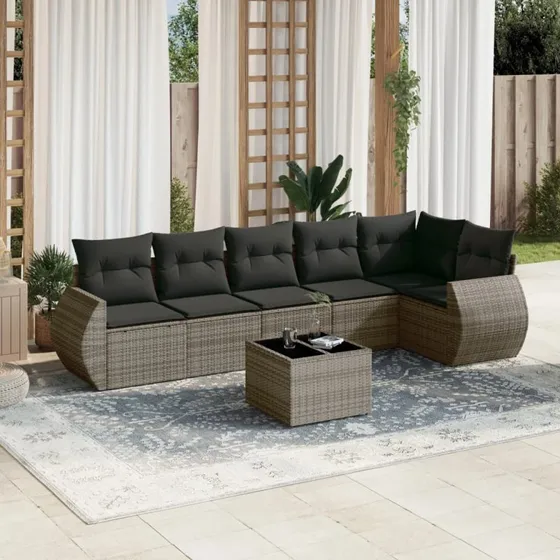 Havesofasæt 7 dele i polyrattan med hynder – grå