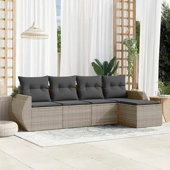 Sofasæt 5 dele i lysegrå polyrattan med hynder