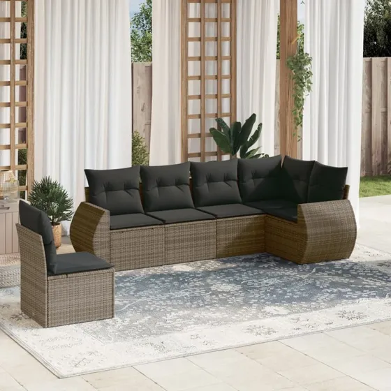 Havesofa sæt 6 dele i grå polyrattan med hynder