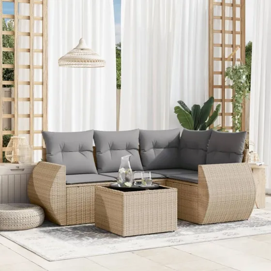 Havesofasæt 5 dele polyrattan med hynder – beige