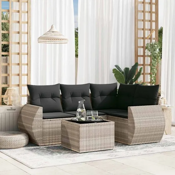 Sofasæt 5 dele i polyrattan med hynder, lysegrå