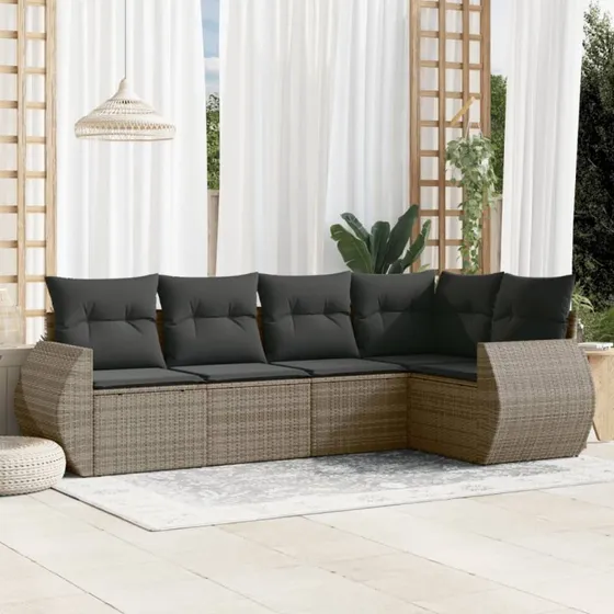 Havesofasæt 5 dele i grå polyrattan med hynder
