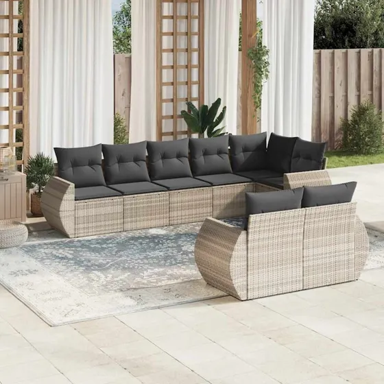 Havesofa sæt 8 dele i lysegrå polyrattan med hynder