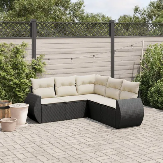Havesofasæt 5 dele i polyrattan med hynder, sort